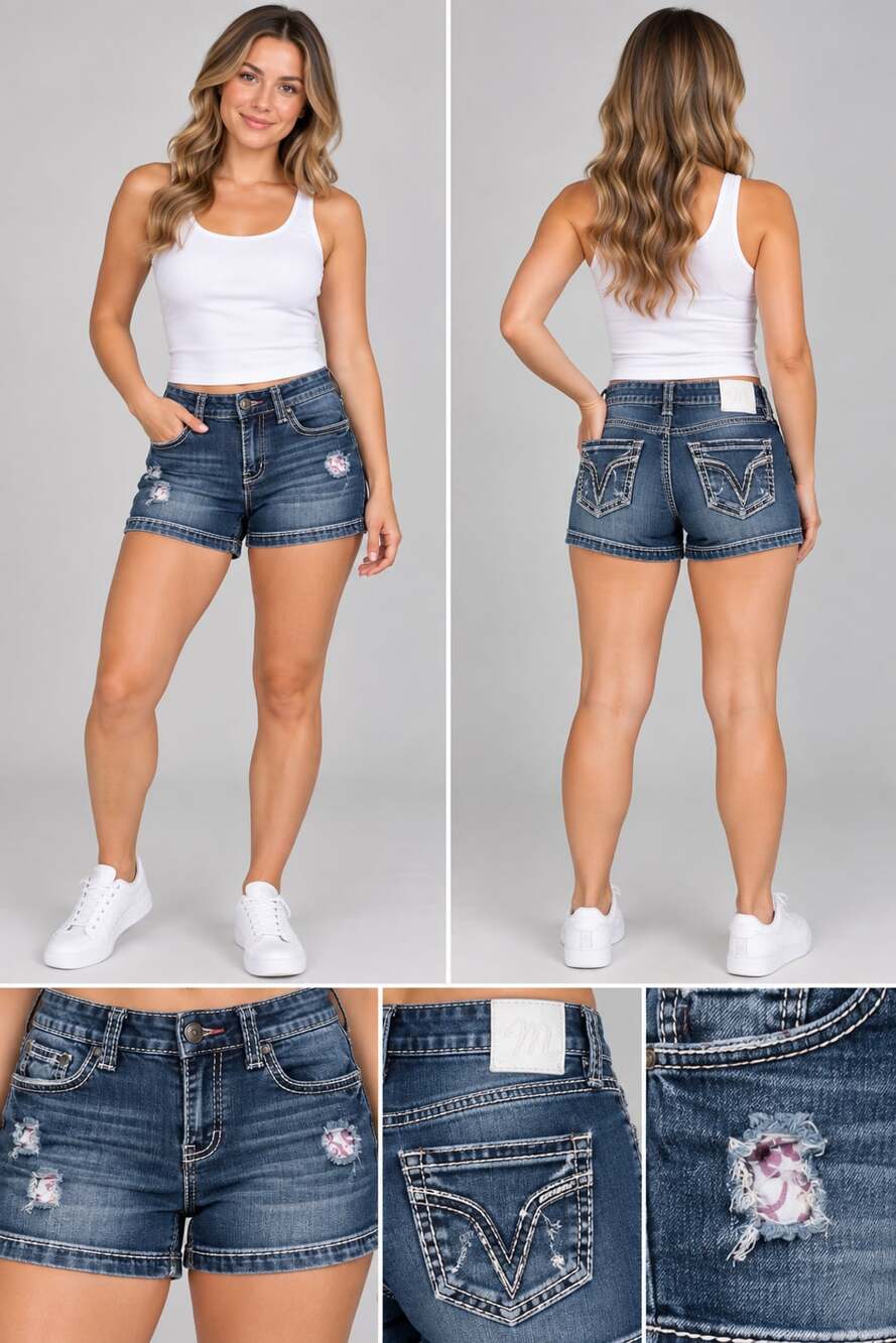 Maurices Denim Shorts Distressed Floral Patch Back Pocket White Stitching